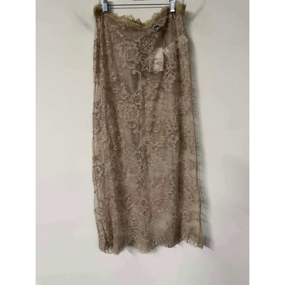 New Forever 21 Womens L Taupe Lace Midi Skirt Bodycon Floral Eyelash Hem Nude